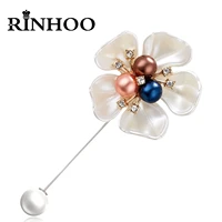 rinhoo imitation pearls flower brooches women elegant fashion rhinestone camellia white flower petal lapel pins wedding jewelry