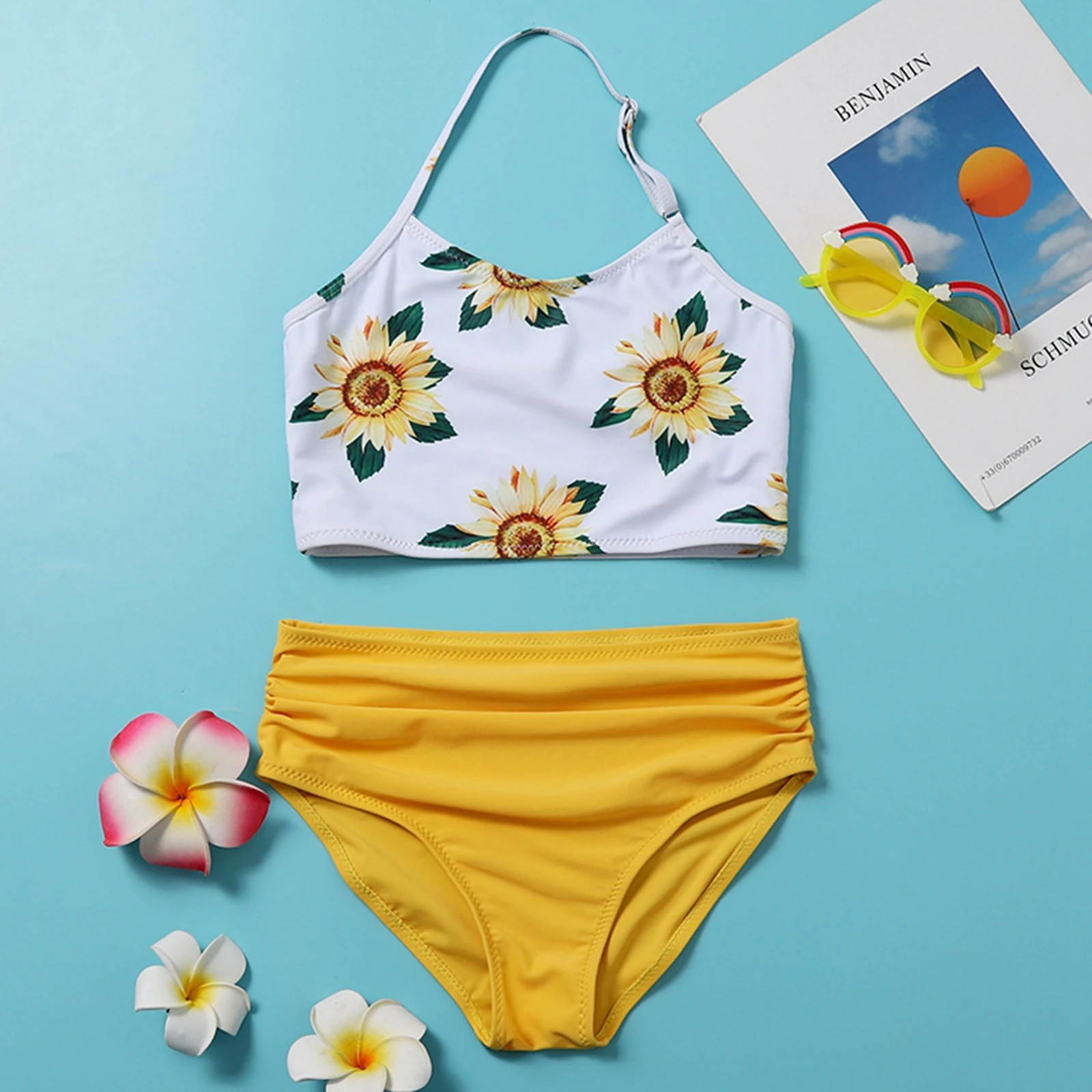 

The New Summer 2Pcs Breathable Little Girls Swimwear Suit, Children Creative Sunflower Printing Hanging Neck Split Swimsuit Set