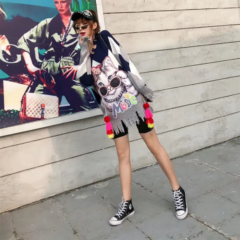 Vefadisa свитер с кисточками и аппликацией из мультфильма для женщин зима 2019 Толстый