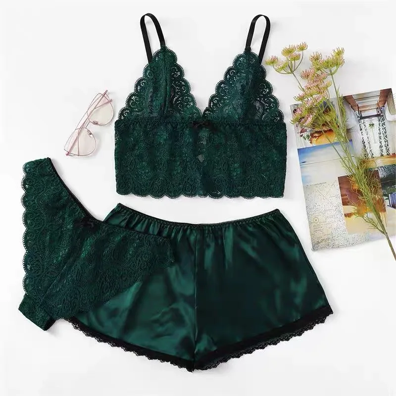 BZEL Sexy Lingerie Women's Pajamas Three Piece Set Female Summer Satin V-neck Cami Top and Short Homewear Big Size Sleepwear XXL | Женская