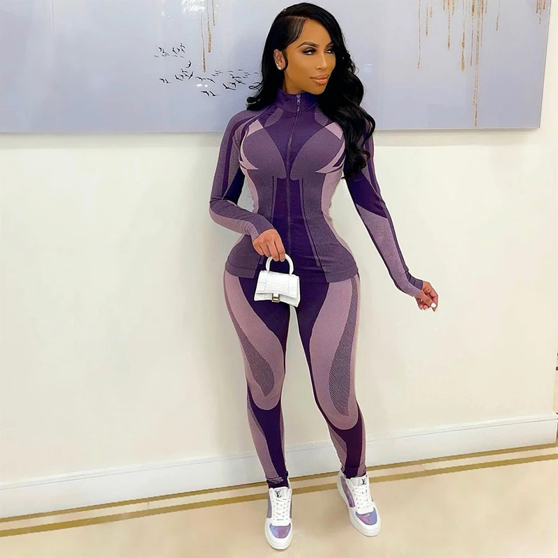 

Sisterlinda Autumn Patchwork Print Fitness Tracksuit Women 2 iece Set Long Sleeves Zipper Tops+Sweatpant Sportswear Lady Outfits