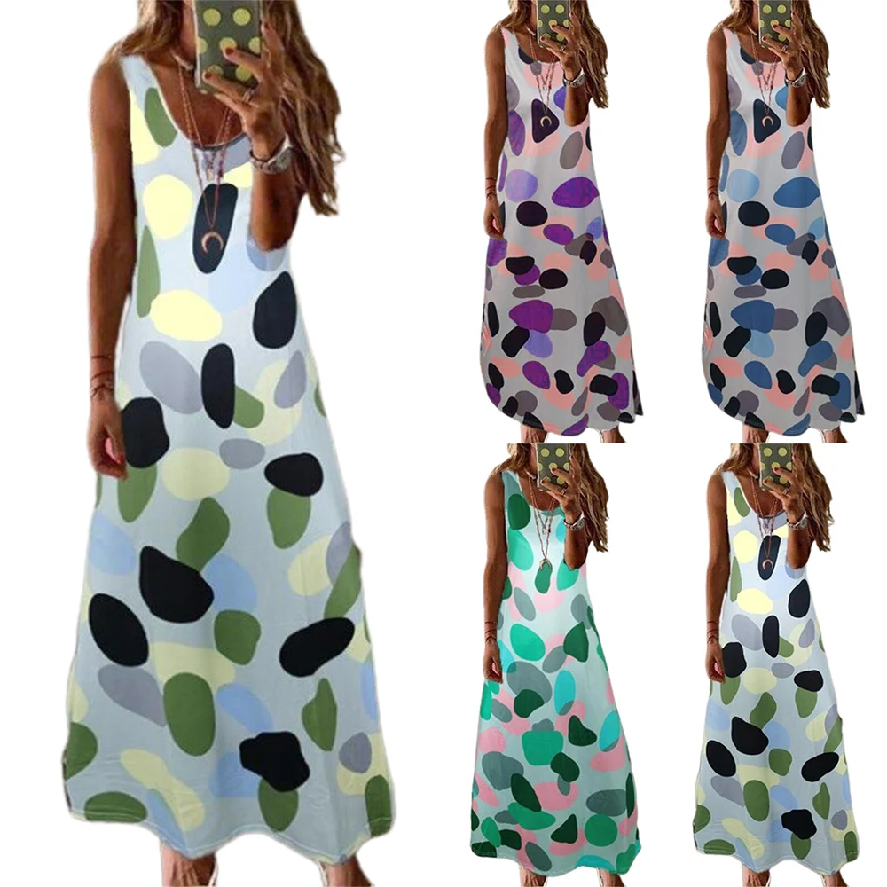 

Long Dress Bohemia Dot Printed Dresses Plus Size Women Summer Sleeveless Loose Casual Beach Travel Holiday Sundress