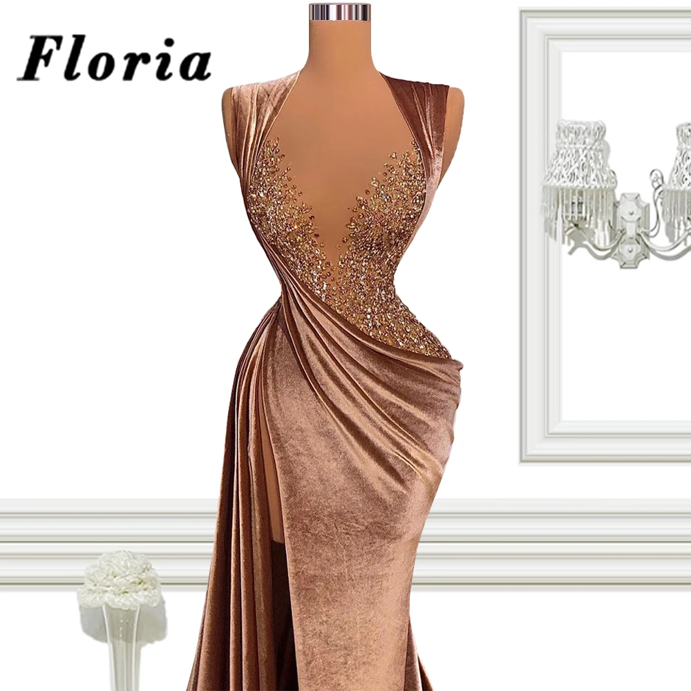 

Arabic Dubai Long Evening Dresses Sleeveless Crystals Beaded Prom Dress Women Celebrity Dress 2021 Robes Weddings Party Gowns