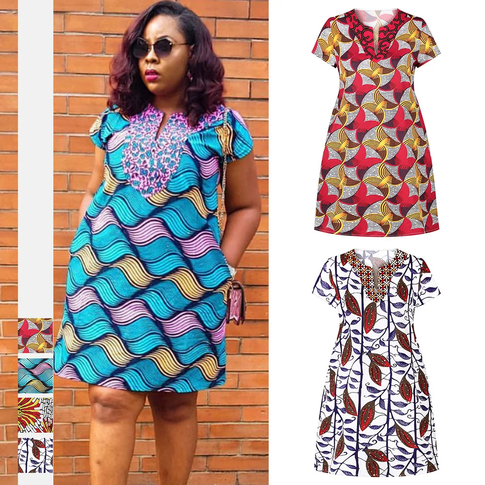 

2021 Summer African Dresses for Women Short Sleeve Dashiki Print Mini Dress Africaine Casual Pockets Dress Party Rich Clothing