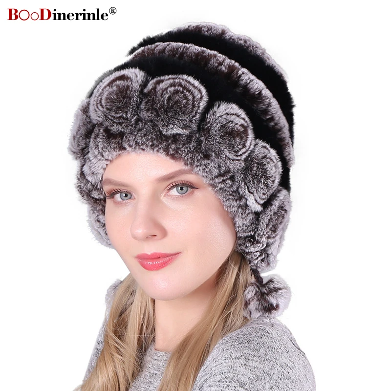 Зимняя женская шапка помпоновая шапочка теплая Толстая из кроличьего меха с