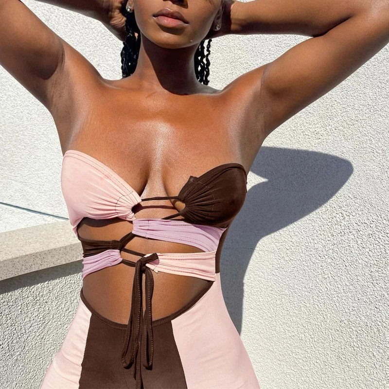 

Women Sexy Strapless Hollow Out Jumpsuit Variegated Color Sleeveless Close-fitting Bandage Jumpsuits Brown/ Army Green