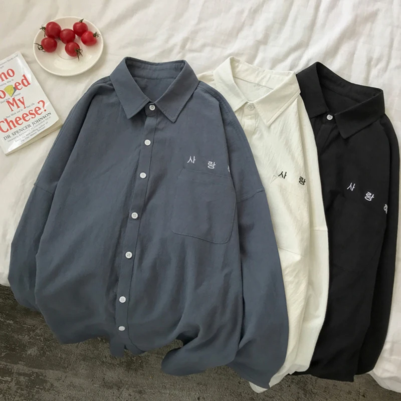 

Korean Letter Print Solid Loose Shirts Women Long Sleeve Square Collar Vintage Shirt White Gray Black Blouses Streetwear Tops