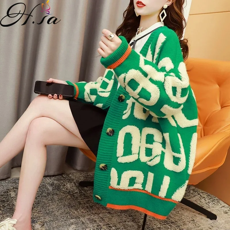 

Hsa утолщенный свитер, кардиган для женщин, Осень-зима, Повседневный, универсальный, свободный и свободный стиль, с надписью, жаккардовое трикотажное пальто