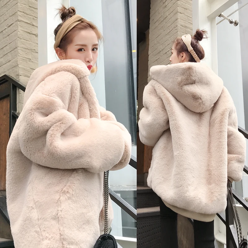 2021 Women's Casual Hooded Long Sleeve Warm Outwear Winter Women Faux Rabbit Fur Thick Coat Fashion Female Loose Overcoat L904