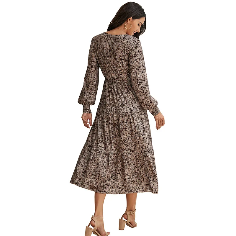 

Women Autumn Polka Dot Print Slim Vintage Dress A-Line Long Sleeve Retro Mid Long Bohemian Dresses Zipper Back Polka Dot Dress