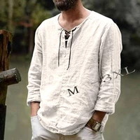 summer t shirt for men medieval vintage linen long sleeve bandage lapel loose performance male top holloween cosplay costume