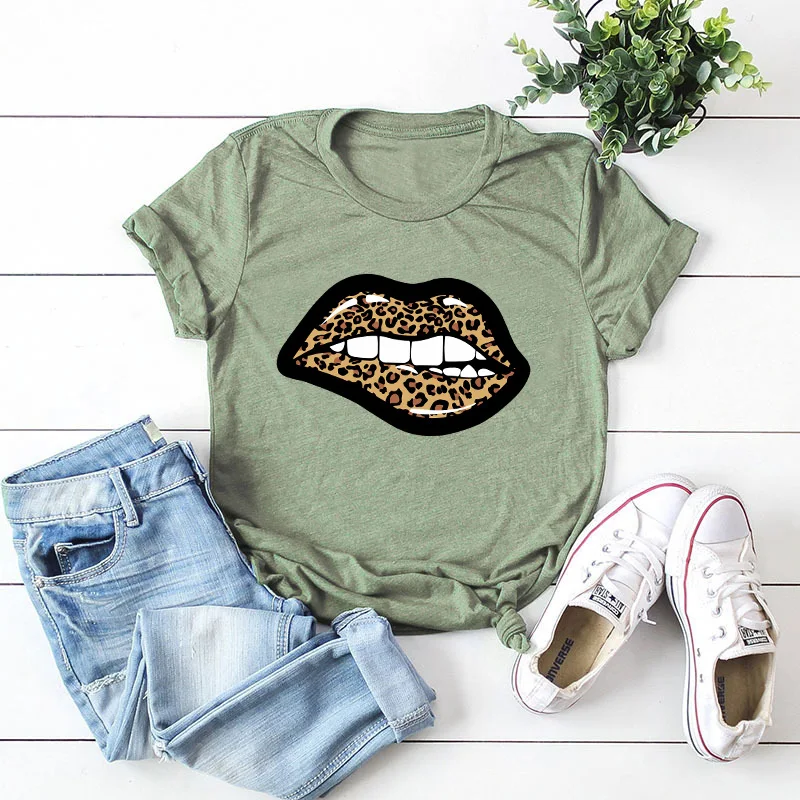 

Fashion Lip Print T-shirt Women Leopard Print Women Tshirts Summer Casual Harajuku TShirt Femme Oversized Tops Tee