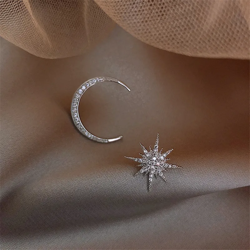 

Fashion Jewelley Asymmetry 925 Sterling Silver Crystal Moon Star Stud Earrings For Girls Lady Pendientes eh022