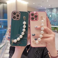 pearl chain phone case for iphone 12 mini 11 pro x xr 7 8 6 6s plus xs max 6d plating wrist soft back cover