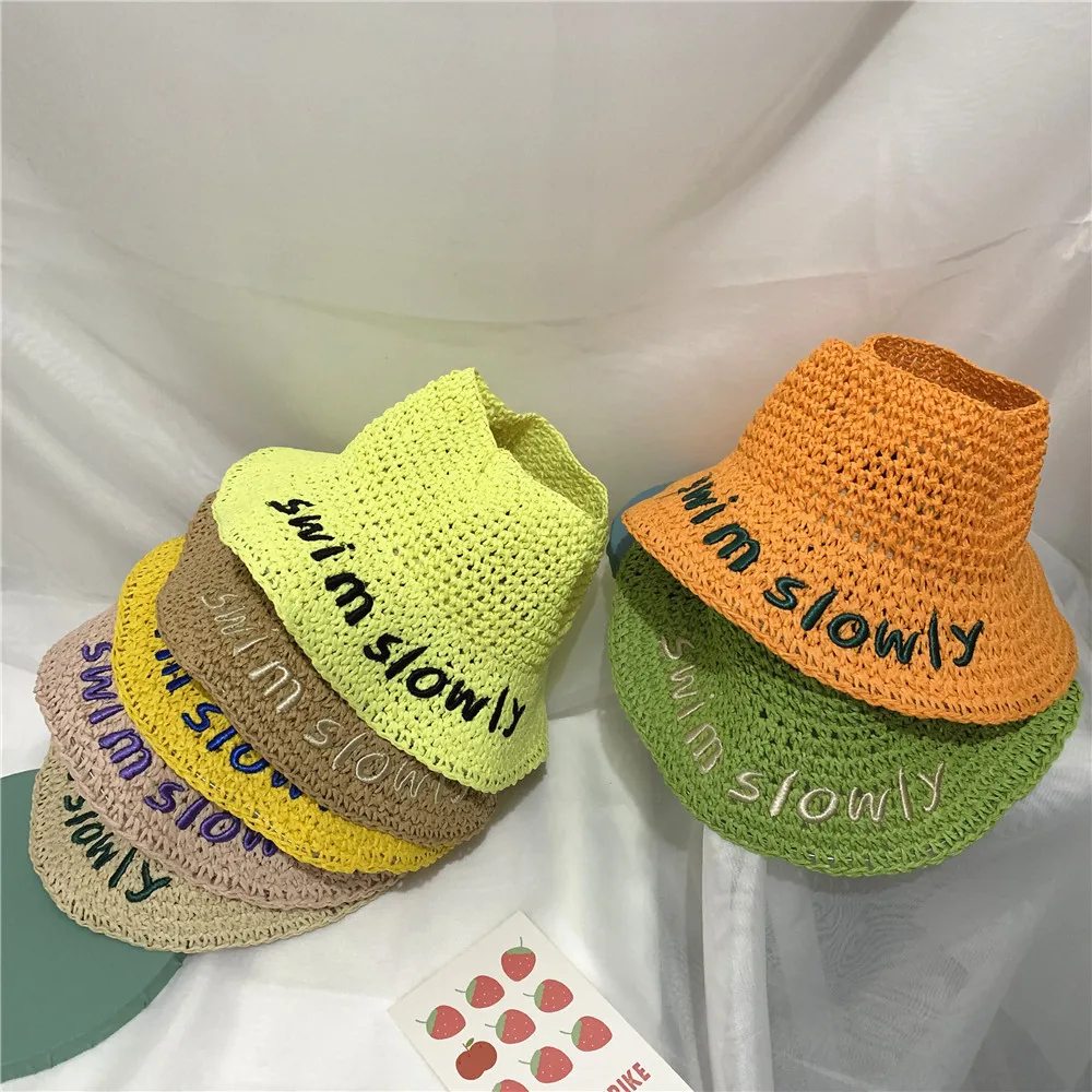 

Summer new hand-knitted embroidery letters children's sun hat children baby hit color empty top hat outdoor beach straw hat