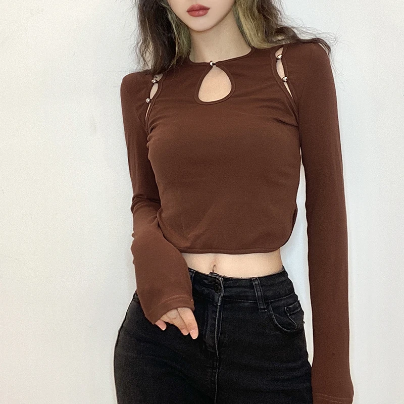

Basic Tight-fitting Street Wear Spice Girls Cotton Long-sleeved T-shirt Women's Fashion Casual Jacket Hollow Button Tie-up Shirt