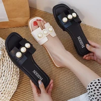 women slippers fashion pearl design elegant flat shoes 2021 sell well korean version beige low heel ladies flip flop casual
