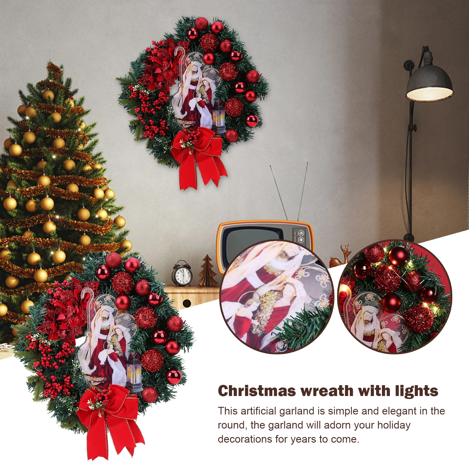 

Sacred Christmas Wreath Garland LED Luminous Wall Xmas Tree Hanging Flower Wreath Home Holiday Party Supplies