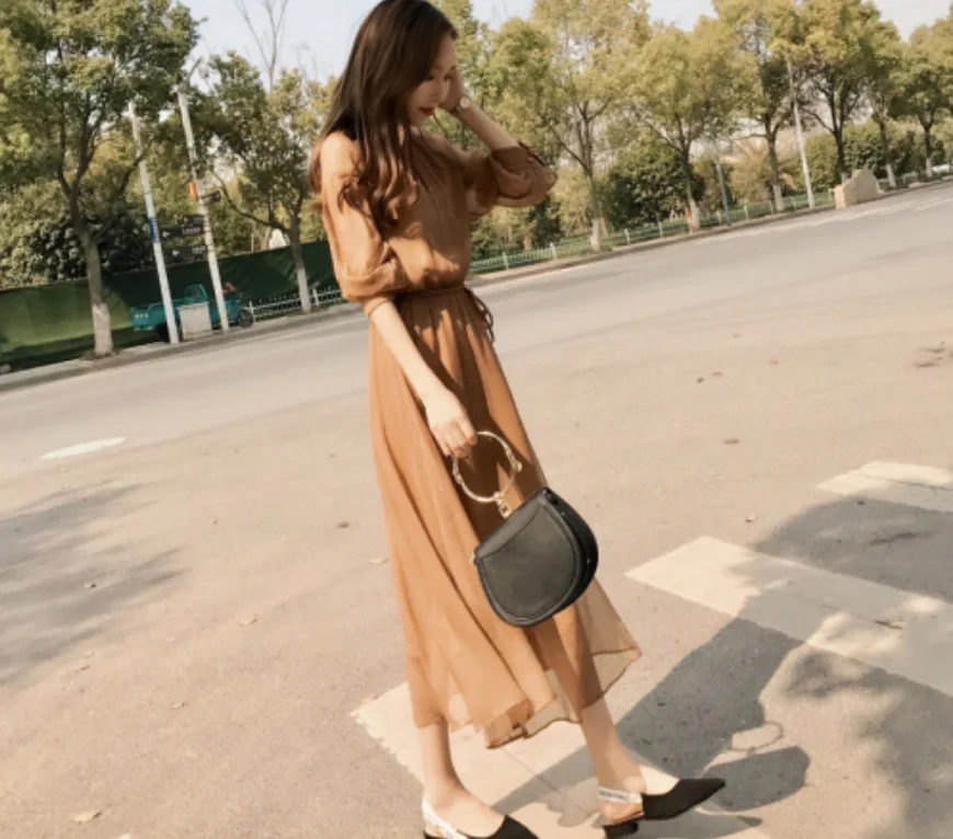 

2019 Women's Clothing Korean-style Spring Mid-length Dress Retro CHIC Elegant Dress Fairy Dress Chiffon Dress Summer