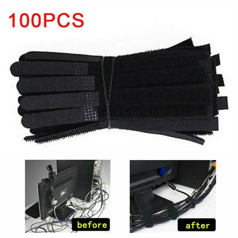 

100pcs Cable Ties Management Reusable Durable Nylon Strap Hook and Loop Cable Cord Ties Tidy Organiser
