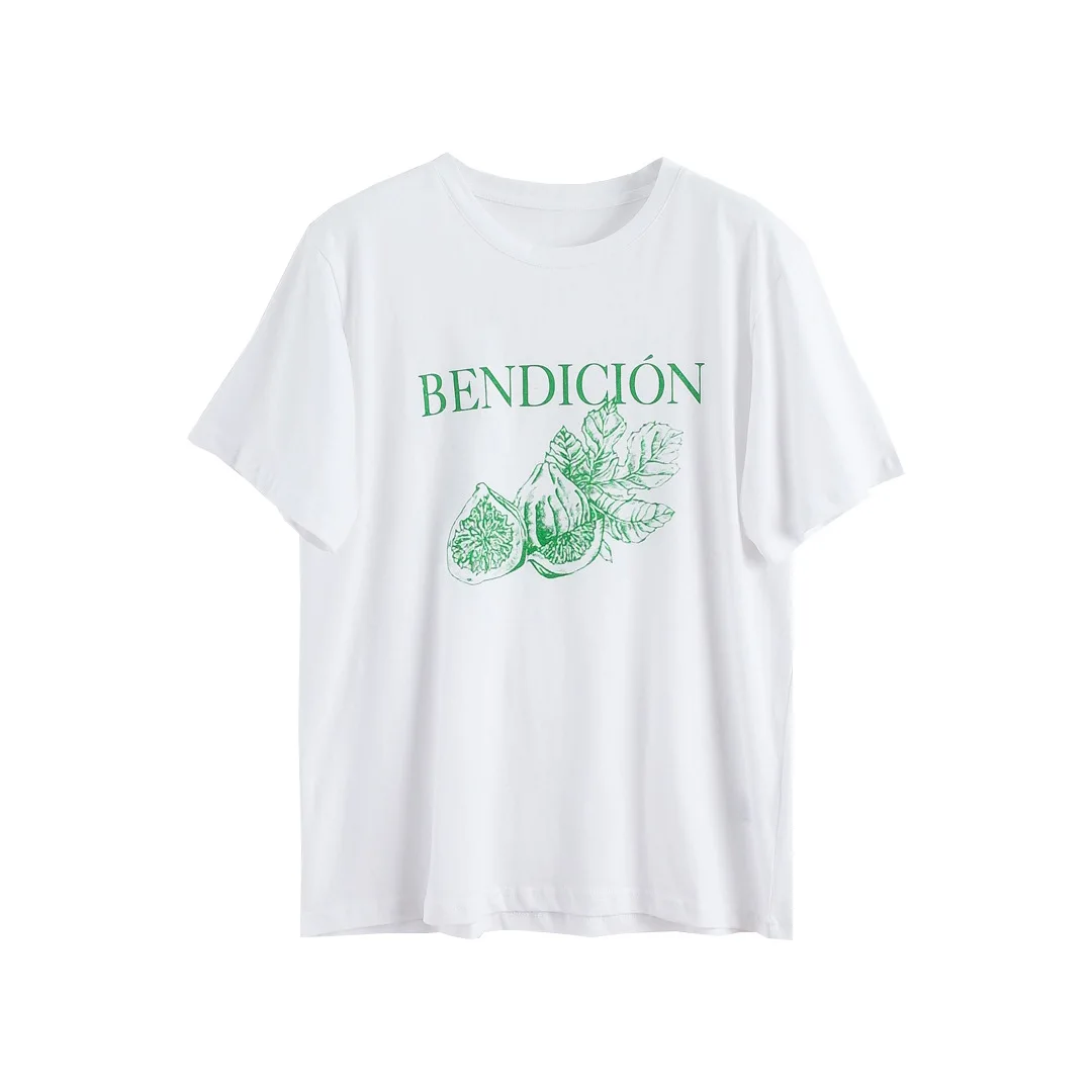 

Korean version ins popular summer retro simple fig letter print loose short sleeve T-shirt for women