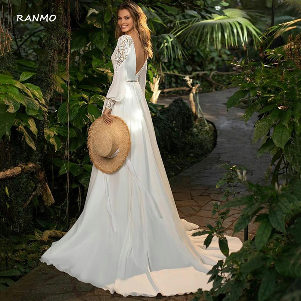 

Vintage Boho Wedding Dresses Long Puff Sleeves Lace Chiffon Bridal Dress Backless Country Wedding Gowns Vestido De Noiva 2021
