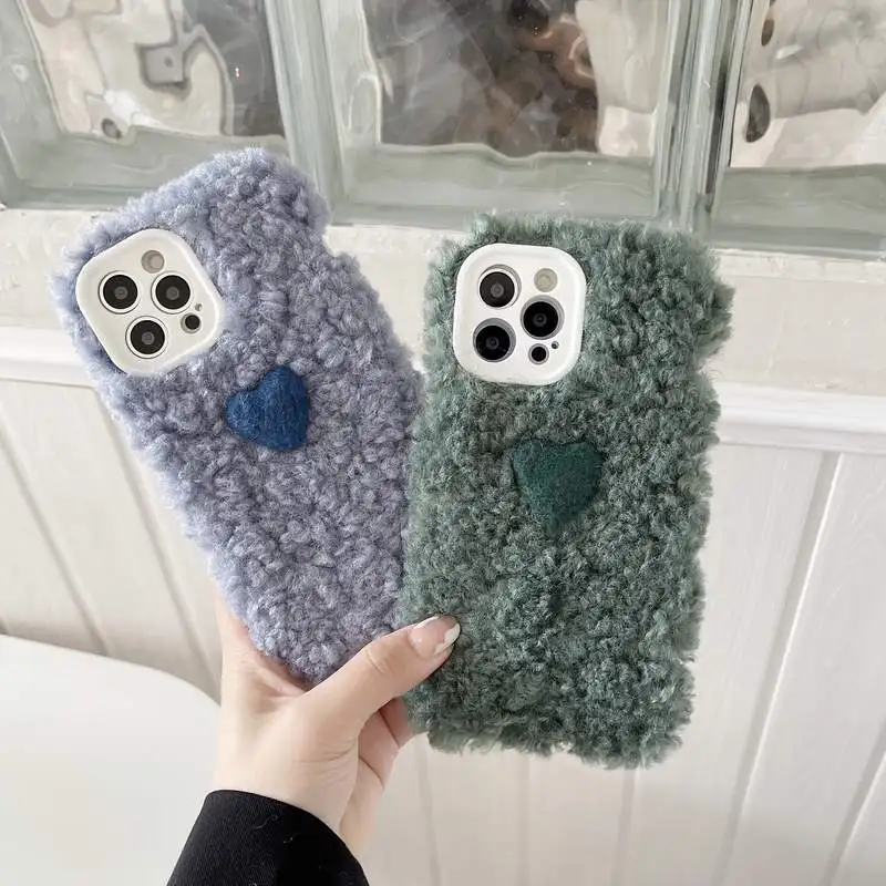 

For iPhone 13 11 Pro Max 12 Mini XS Max XR X Cover Cases For iPhone 7 8 Plus Furry Fluffy Heart Warm Cover Women Lady Phone Case