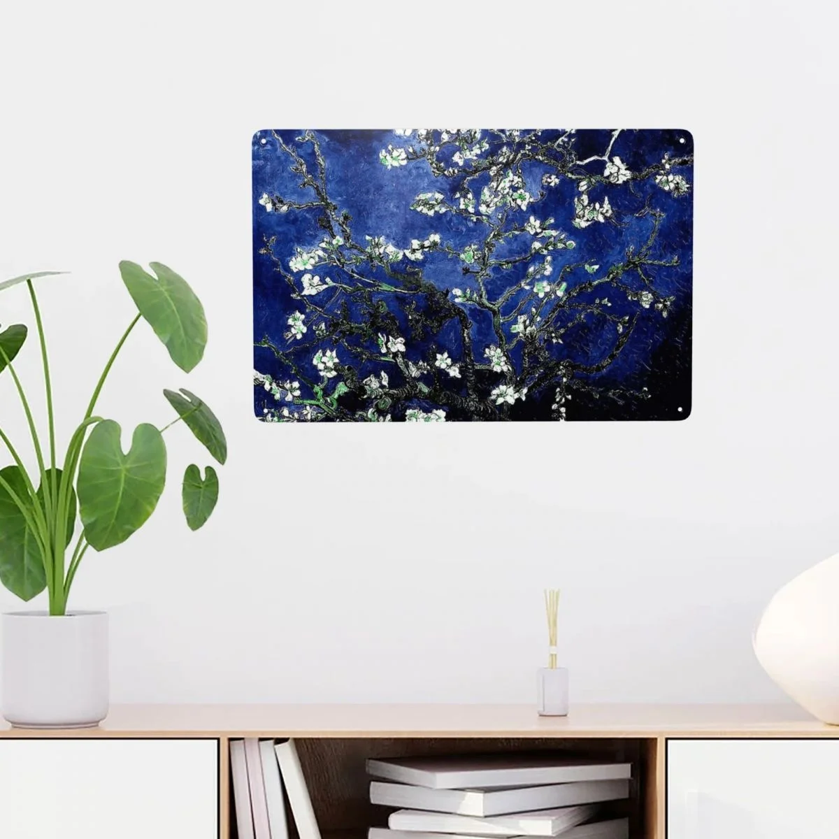 

Almond Blossoms Deep Blue Metal Tin Signs Oil Painting Iron Plate Painting Home Bar Room Decor Wall Art Vintage Modern