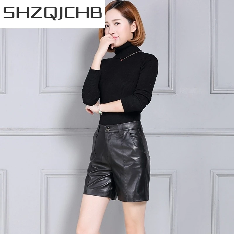JCHB 2021 Genuine Leather Fashion Womens Shorts Streetwear High Waist Casual Stretchy Trousers Punk Comfort High Quality Pantalo