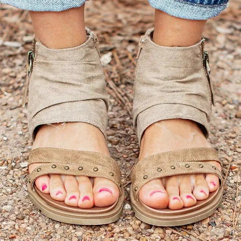 

Ladies Rome Comfortable Casual Canvas Shoes Open Toe Double Zipper Flat Heel Everyday All-match Summer Sandals