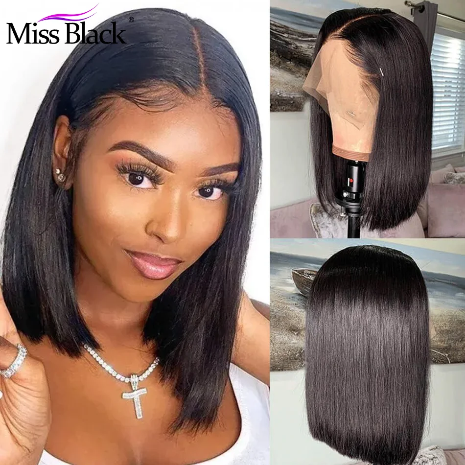 13x4 Short Straight Bob Wigs Brazilian Remy Human Hair Frontal Wig 180% Density Pre-plucked Baby Hair For Black Women