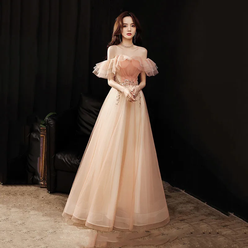 

Banquet evening dress French style 2021one-shoulder bridesmaid dress atmospheric and dignified pink Slim annual party dress A022