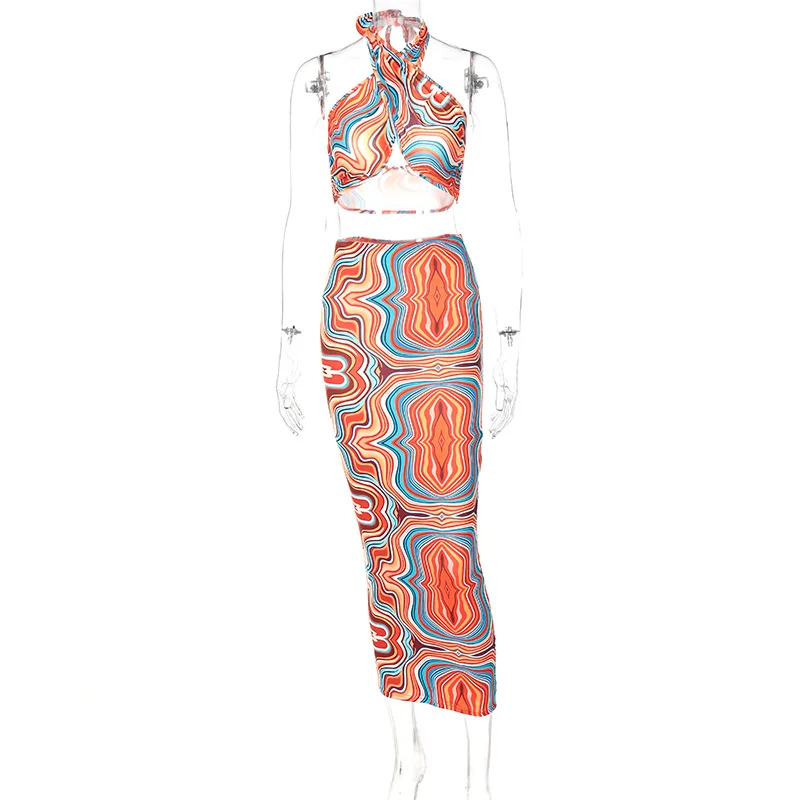 

BOOFEENAA Sexy Two Piece Set Print Long Skirt and Halter Top Vacation Birthday Outfits for Women Bodycon Dress Suit C70-BF22