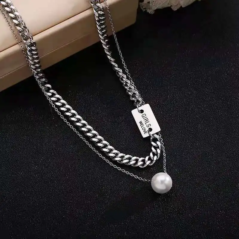 

Double layer Pearl and rectangular pendant Necklace women's fashion temperament clavicle chain with special design versatile