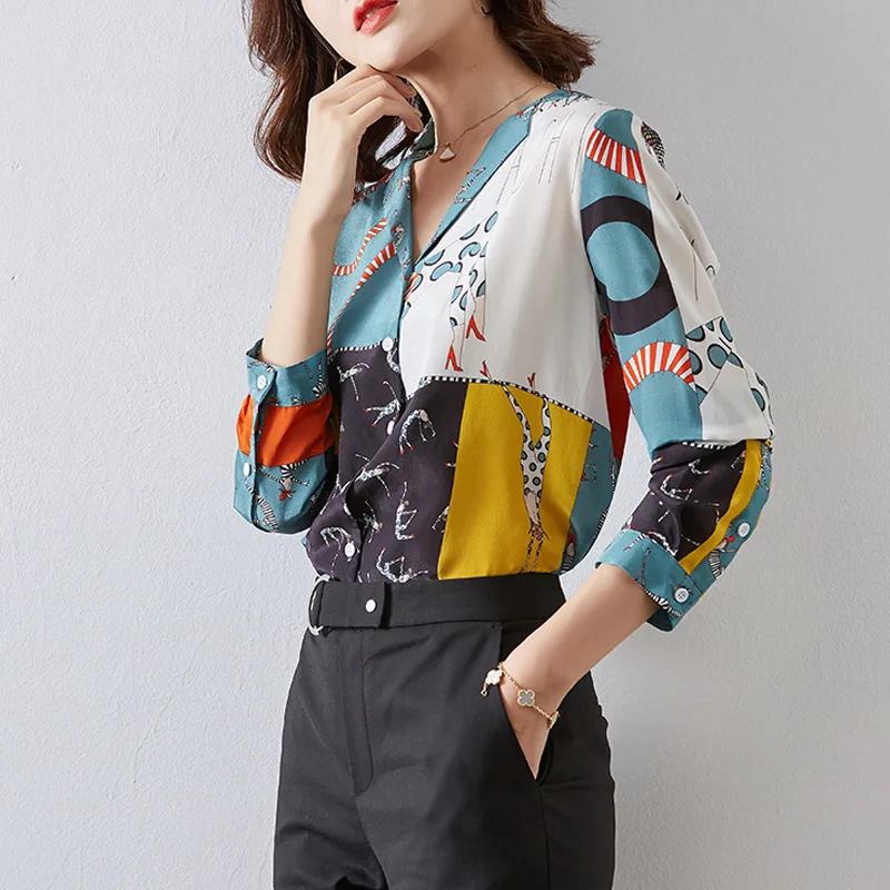 

Женские Новые Топы в европейском и американском стиле, шелковые рубашки для осени, женские универсальные рубашки из шелка с длинным рукавом...