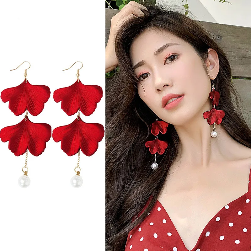 

YAOLOGE 2019 Hot Fashion Exaggerated Long Dangle Earrings Personality Red Rose Petals Pearl Earrings Party Christmas Jewelry