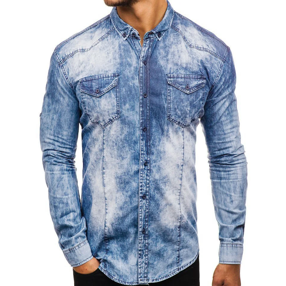 

PYJTRL New Simple Solid Color Contrast Long Sleeve Personality Denim Wash Shirt
