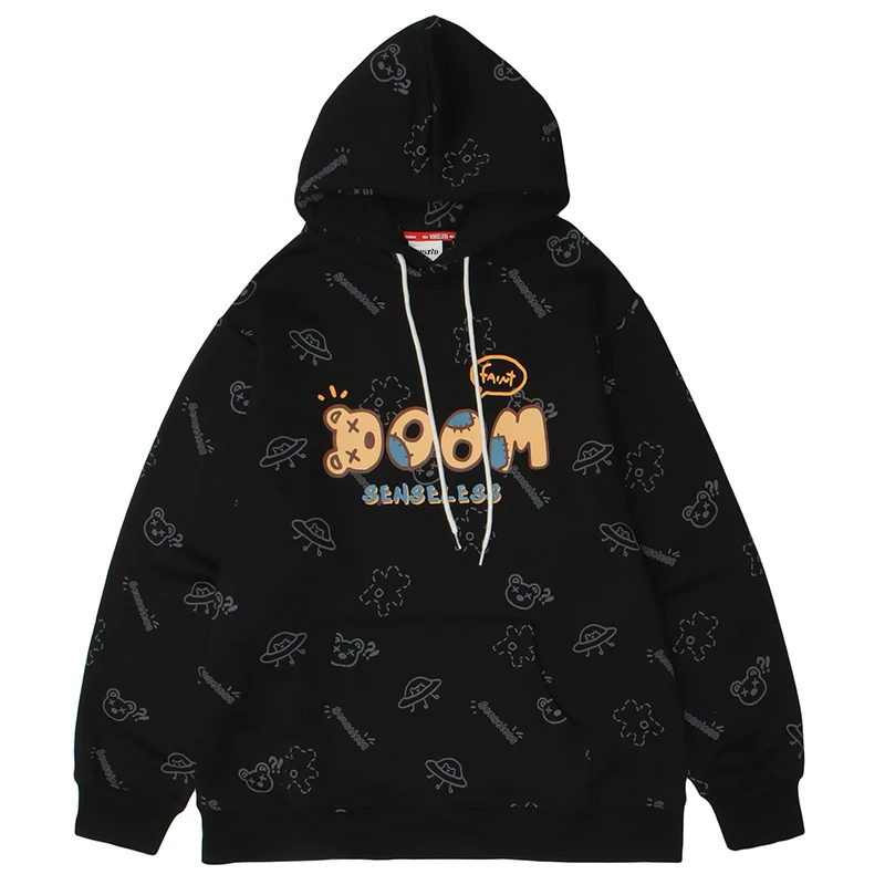 

Mens Hip Hop Winter Fleece Pullover Hoodies Spaceship Letter Bear Printed Harajuku Streetwear Casual Cotton Hooded Sweatshirts
