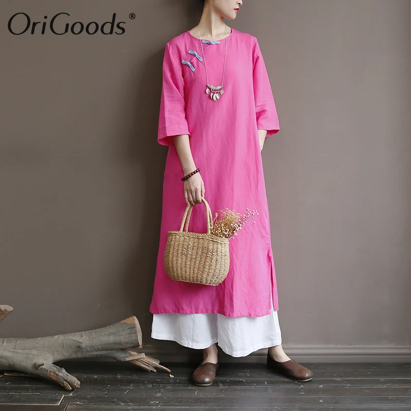Летнее женское платье из хлопка и льна длинное в китайском стиле однотонное