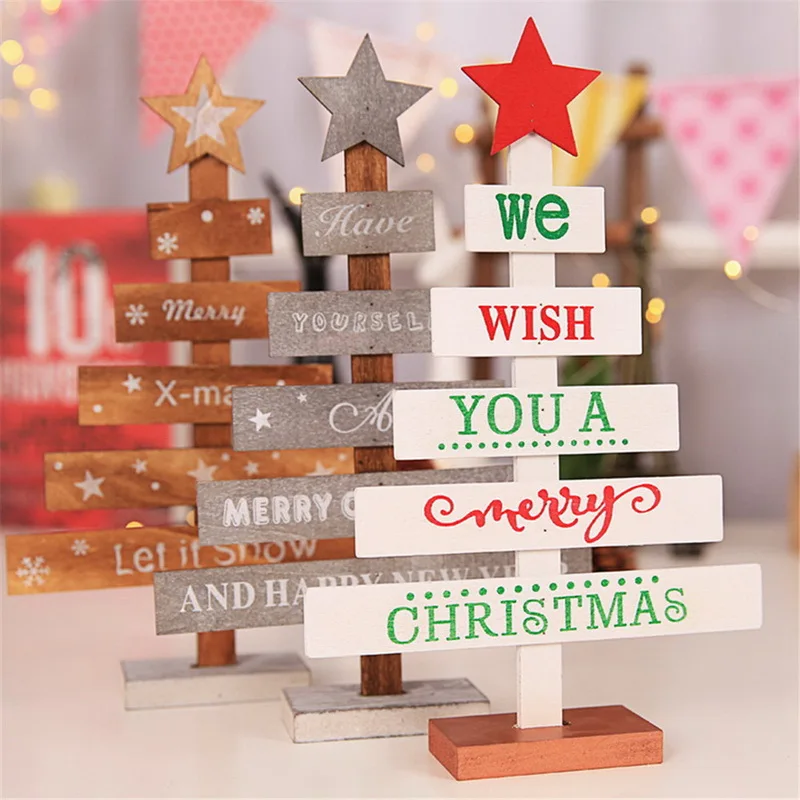1Pc Wooden Desktop Small Christmas Tree Mini Ornaments 27.5cm Table Decoration for Home Xmas Trees Letters Gift New | Дом и сад
