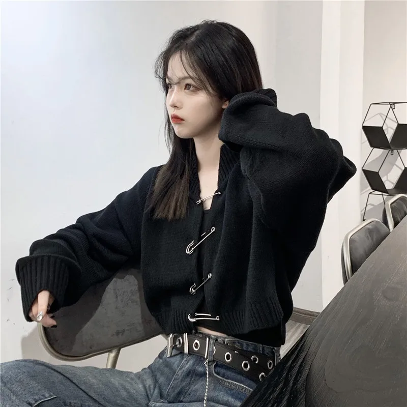 

Women's Spring Fall 2021 New Korean Loose Pin Cardigan Black Short Knit Sweater Female Sexy Long Sleeve Solid Seweater Cardigan