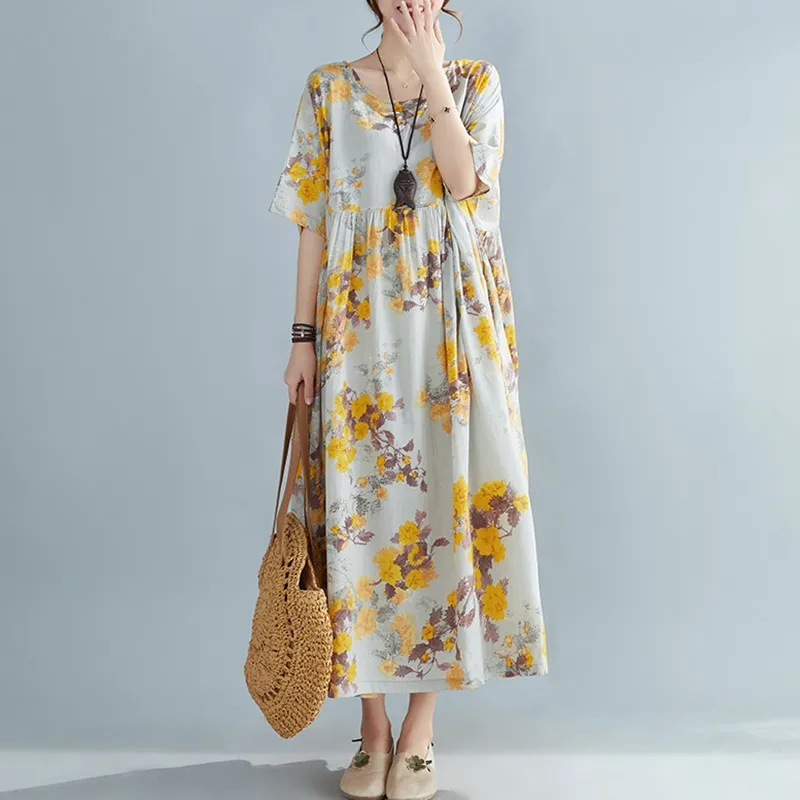 

Женское платье с цветочным принтом, повседневное Свободное длинное платье из хлопка и льна в винтажном стиле, модель B919 на лето, 2021