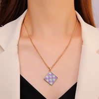 new fashion colorful checkerboard pendant necklace for women trendy metal geometric necklaces sweater chain jewelry 2021