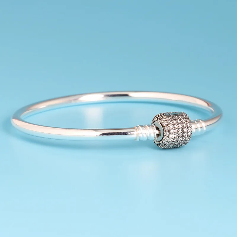 

925 Sterling Silver Crystal Moments Clip Snake Chain Bangle Fit European Charm Bead Original pandoradora Bracelet For Women