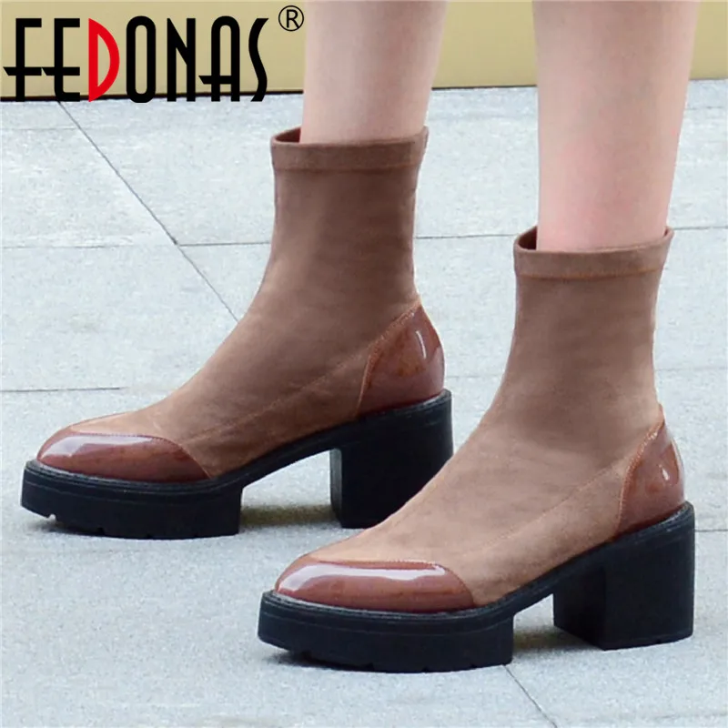 

FEDONAS Autumn Winter Boots For Women Platform High Heels Ankle Boots Genuine Leather Round Toe Office Working Motorcycle Boots