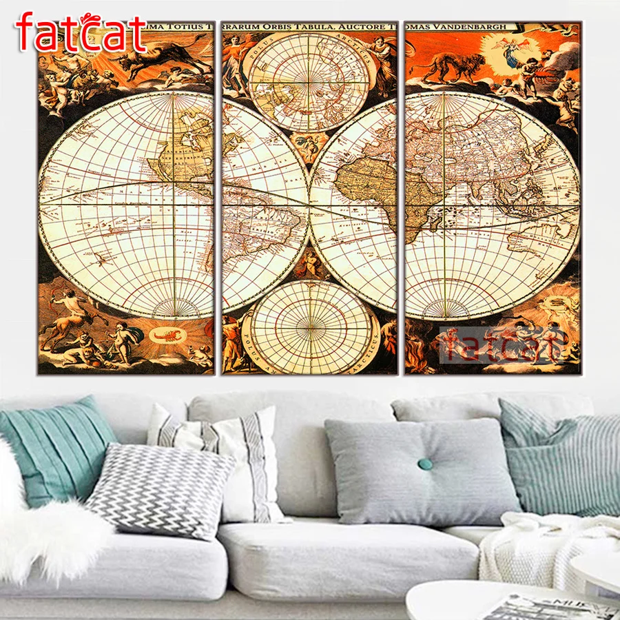 

FATCAT Large triptych Vintage world map 5D Diy Diamond Painting full mosaic diamond Embroidery Sale Wall Decoration AE1949