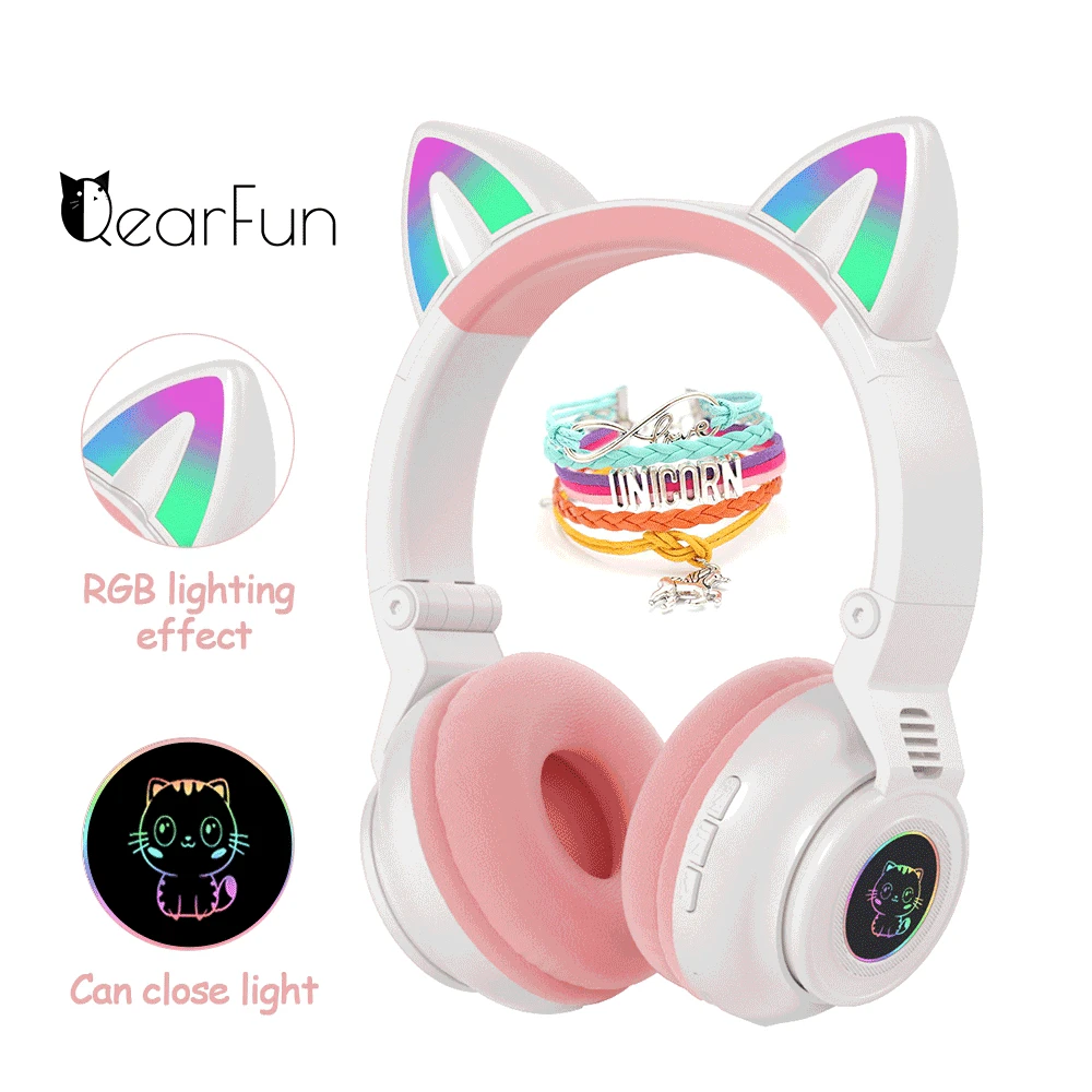 

Qearfun Милый Кот Bluetooth Беспроводной наушники с микрофоном, розовое шерстяное пальто для девочек для телефона со светодиодами геймера гарнитур...