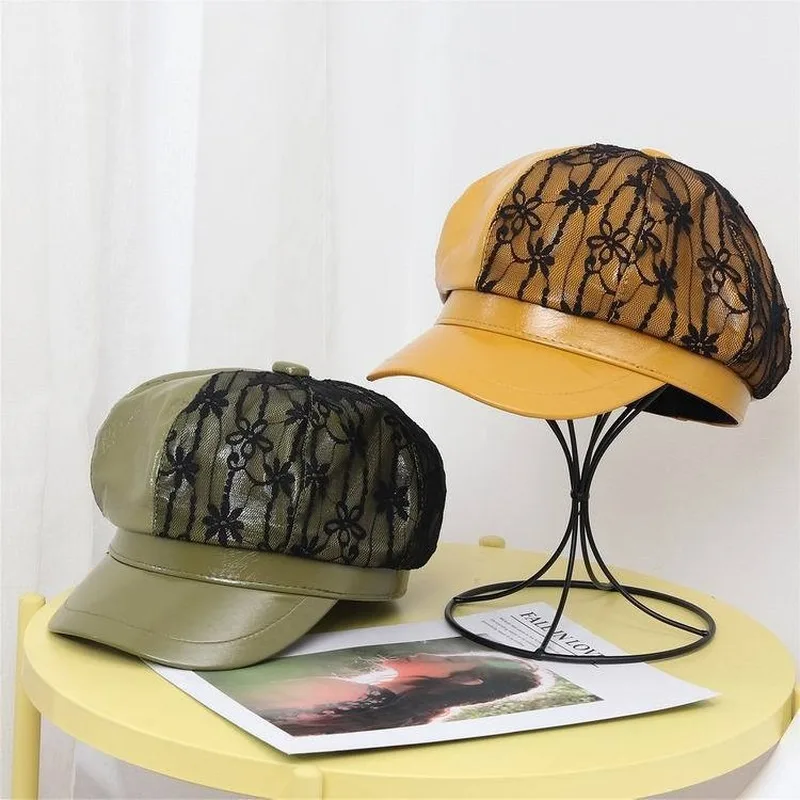 Восьмиугольный женский корейский модный кружевной однотонный кожаный берет с