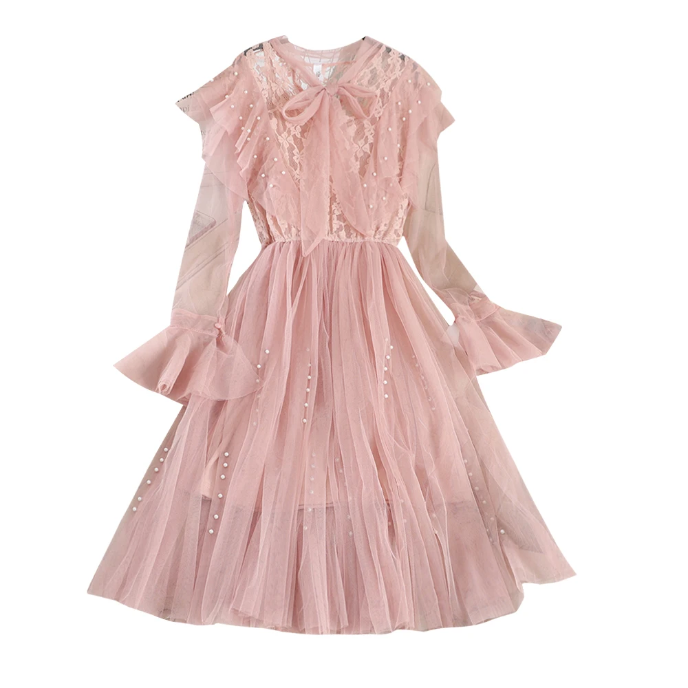 New ruffled bow tie with beaded mesh stitching lace temperament ladies two-piece dress | Женская одежда