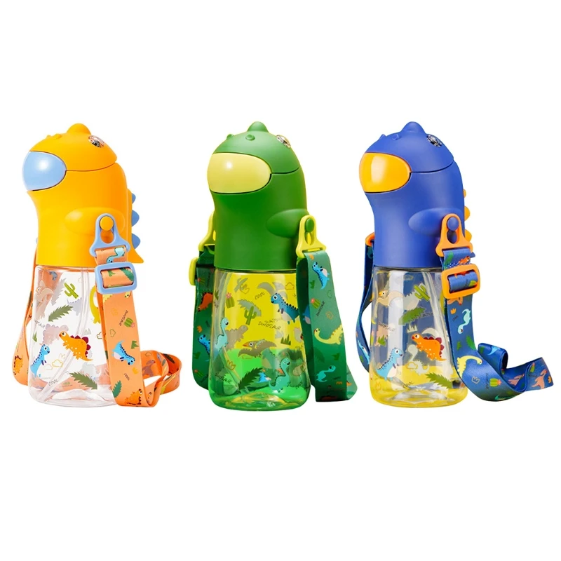 

560ml Cartoon Dinosaur Shaped Kids Water Bottle with Silicone Straw Shoulder Strap Leak Proof One Click Open Flip Top Children